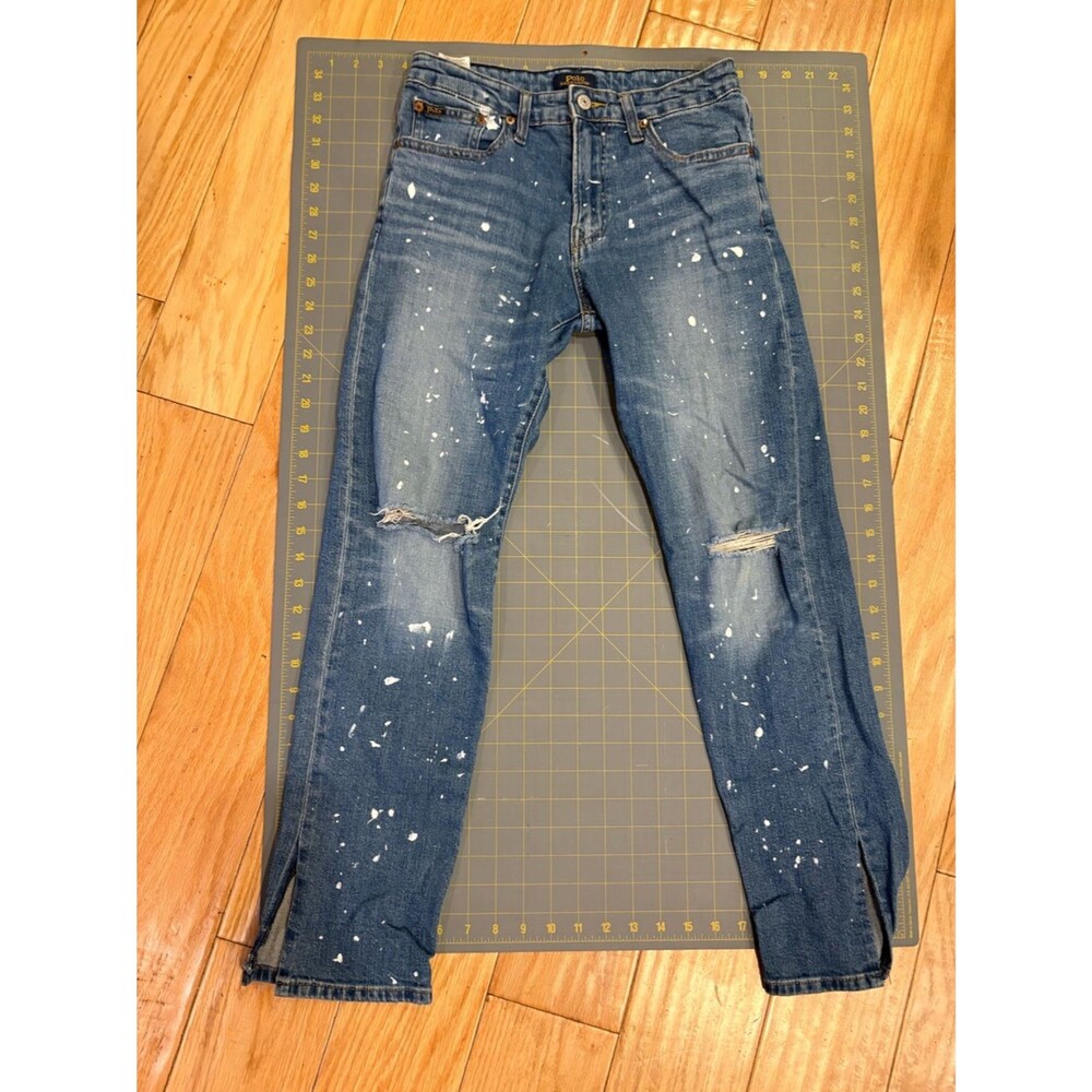 Polo Ralph Lauren Paint Splatter Distressed Jeans Blue Denim Ripped Y2K Vintage